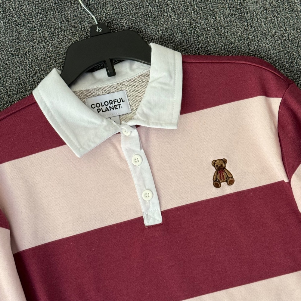 Colorful Planet Kids L 12 Rugby Shirt Burgundy Pink Striped Teddy Bear Preppy